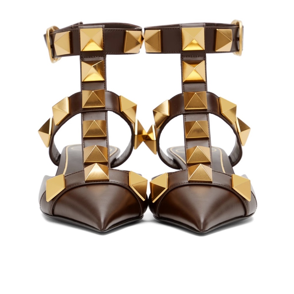Valentino Garavani Brown Leather Pointed T-Strap Heels with Gold Studs